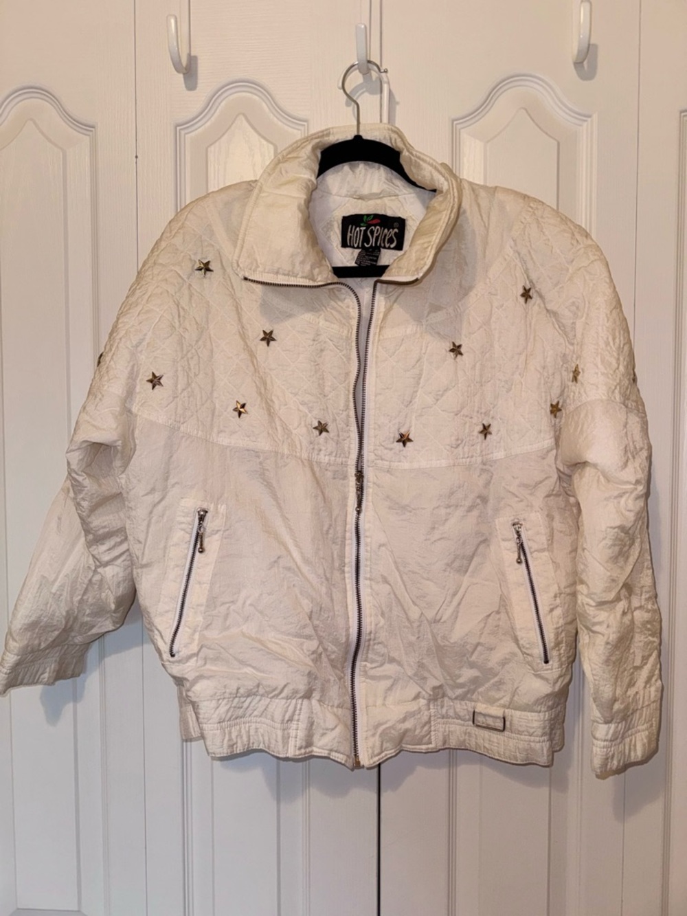 Vintage White Quilted Bomber Jacket with Star Studs